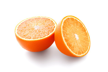 Two beautiful juicy fresh halves of one ripe tasty orange fruit isolated on a white background. Clipping path