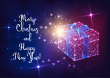 Merry Christmas And Happy New Year Greeting Card With Glowing Low Poly Gift Box And Ribbon Bow