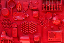 Set Of Household Items Of The 20th Century, Retro Collection On The Red Wall