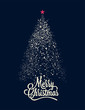 © paul_craft - White snowflake Christmas tree silhouette on navy blue background. Christmas tree with red star on the top and Merry Christmas lettering caption. Christmas vector card. Vector illustration.