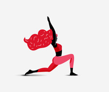 Yoga Girl. Woman Doing Yoga First Warrior Asana. Girl Character Silhouette. Fitness Active Girl. Vector Illustration For Your Yoga Classes Promo Advertise Or Blog Article Image Or Post.