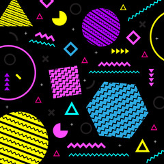 Wall Mural - geometric background in memphis 80-90s style with black background. vector illustration.