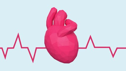 Poster - Low poly human heart with heartbeat line 
