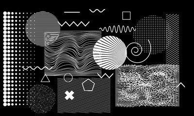 Abstract white geometric art shapes on black background for collage.