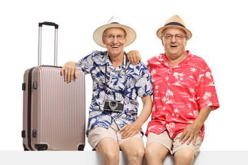 Canvas Print - Elderly male tourists sitting on a panel with a suitcase