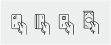 Set Of Payment Options Vector Elements In Flat Style. Credit Card Processing, Hand Holding Debit-credit Card, Cash And Receipt.