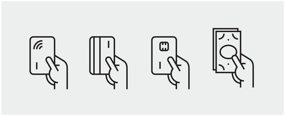 Set of payment options vector elements in flat style. Credit card processing, hand holding debit-credit card, cash and receipt.