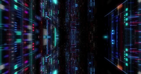 Poster - Seamless loop of abstract matrix hologram digital data flow. fly through time and space, warp through science fiction binary code particles network. Science and Technology concept. 3D render