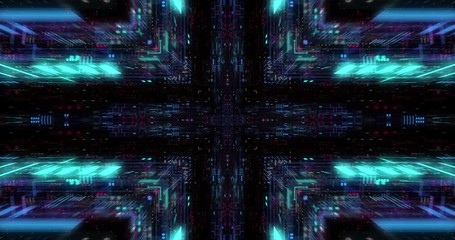 Poster - seamless loop of abstract futuristic technological background, floating circuits, charts, digits ele