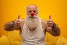 Happy Old Man With A Red Nose. All Fools Day. Elderly With Red Nose.