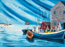 Folk Style Painting Of Typical Fisherman Boats And Shacks In A Harbor.