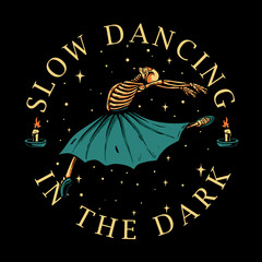 skeleton ballerina dancing with candle light vector illustration. Skull slow dancing in the dark for t-shirt design, sticker, poster, or phone case