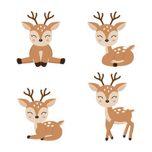 Cute Deer Cartoon In Different Poses.