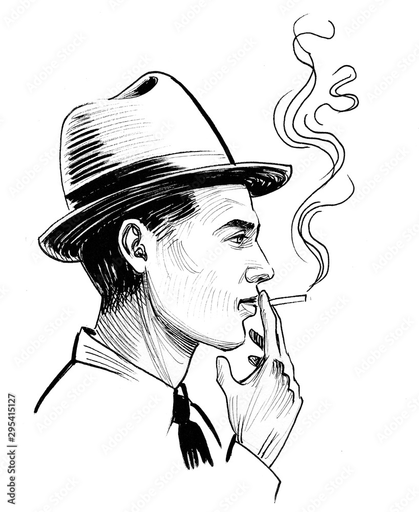 Ink black and white drawing of a stylish man in hat smoking cigarette Stock  Illustration