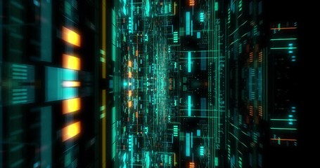 Poster - seamless loop of abstract futuristic technological background, floating circuits, charts, digits ele