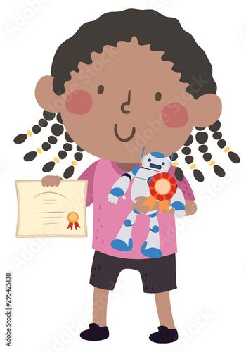 Kid Girl Black Robot Award Illustration