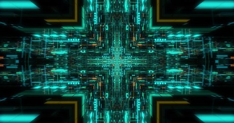 Poster - seamless loop of abstract futuristic technological background, floating circuits, charts, digits ele