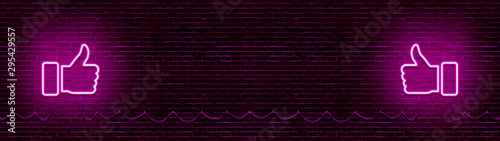 Fotomural Neon Glowing Like (thumb) Button for Social Media on Brick Wall