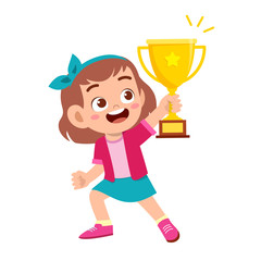 Sticker - happy cute kid girl win game gold trophy