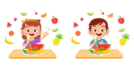 cute happy kids eat salad vegetable fruits