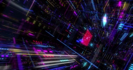 Poster - Seamless loop of abstract matrix hologram digital data flow. fly through time and space, warp through science fiction binary code particles network. Science and Technology concept. 3D render