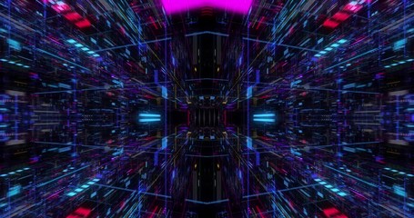 Poster - Seamless loop global connection business cloud computing service, ig data visualization. Blockchain. 4K Futuristic technological abstract motion background, floating circuits. 3D render