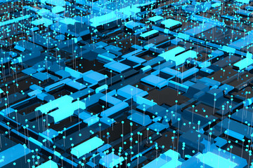 Circuit board with glowing cube and lines, 3d rendering.