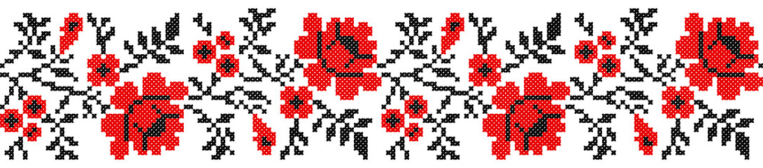 Poster - Seamless embroidered handmade cross-stitch ethnic Ukraine pattern for design. Vector red and black borders illustration on white background.