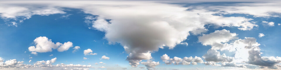 Wall Mural - Seamless cloudy blue sky hdri panorama 360 degrees angle view with zenith and beautiful clouds for use in 3d graphics as sky dome or edit drone shot