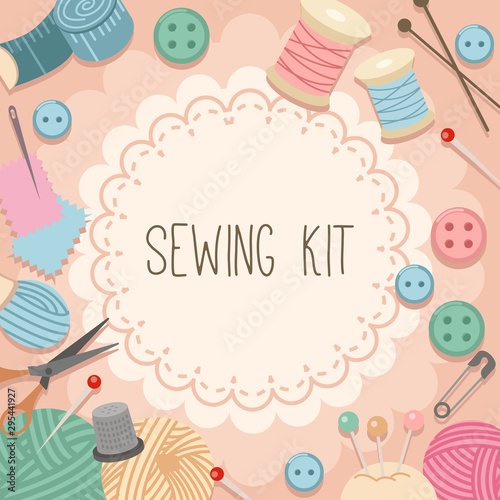 Cuadros en Lienzo The collection of sewing kit set in pink background