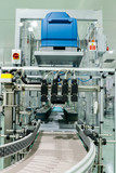 Fototapeta  - Close up Belt conveyor glass bottles into beverage filling machine