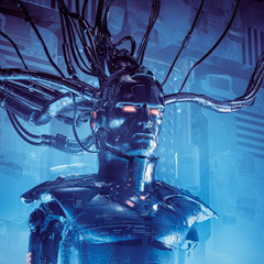 Wall Mural - the data sentinel / 3d illustration of sinister science fiction male android artificial intelligence