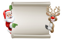 Santa Claus And Christmas Reindeer Cartoon Characters Peeking Around A Scroll Sign And Pointing At It