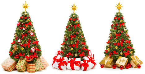 christmas tree isolated over white background, set of decorated xmas tree with present gift boxes