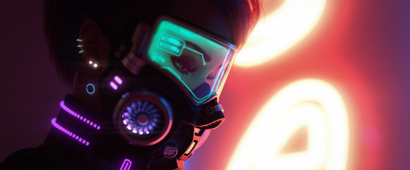 3d illustration of a cyberpunk girl in futuristic gas mask with green glasses in stylish jacket with purple el wire standing near yellow neon light sign on night street with air pollution. Concept art