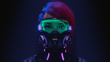 3d Illustration Of A Front View Of A Cyberpunk Girl In Futuristic Gas Mask With Protective Green Glasses And Filters In Stylish Jacket With Purple El Wire Standing In A Night Scene With Air Pollution.