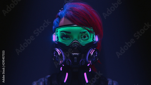 3d illustration of a front view of a cyberpunk girl in futuristic gas mask with protective green glasses and filters in stylish jacket with purple el wire standing in a night scene with air pollution Poster Mural XXL