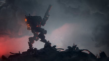 3d Illustration Of An Action Scene Of A Sci-fi Mech Standing On The Ruins Of The City In An Attacking Pose With An Assault Gun In One Hand Against Storm Clouds. Apocalypse Concept. Storm Trooper Robot