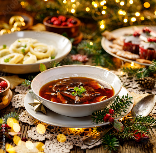 Christmas Mushroom Soup A Traditional Vegetarian Mushroom Soup Made With Dried Forest Mushrooms In A Ceramik Plate On A Festive Table Polish Christmas Dinner Stock Photo Adobe Stock