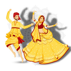 Wall Mural - Illustration of young couple dancing garba pose on white mandala floral background.