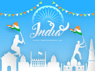 Wall Mural - Creative poster or wallpaper design with silhouette of famous monuments and man holding Flag on blue background for Indian Happy Independence Day.