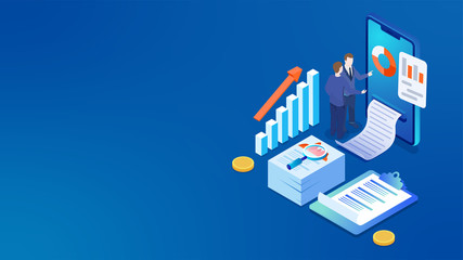 Sticker - 3D illustration of smartphone with business analysts analysis the data and infographic elements on blue background.