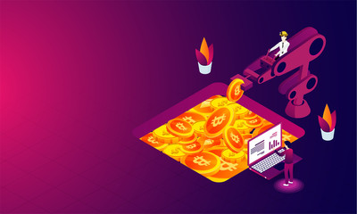 Sticker - Crypto mining concept based isometric design, man working with robotic arm on glossy background.