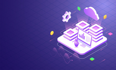 Poster - Isometric illustration of cloud server connected to local servers with desktop on blue background for data center or storage.