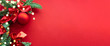 Christmas composition. Background red colors with decorations. Christmas, winter, new year concept. Flat lay, top view, copy space .