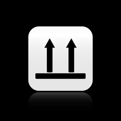 Black This side up icon isolated on black background. Two arrows indicating top side of packaging. Cargo handled so these arrows always point up. Silver square button. Vector Illustration