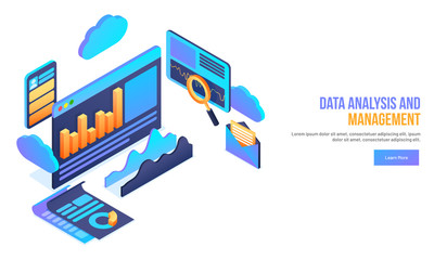 Canvas Print - 3D illustration of web browser window with multiple infographic elements on white background. Landing page design for Data Analysis and Management concept.