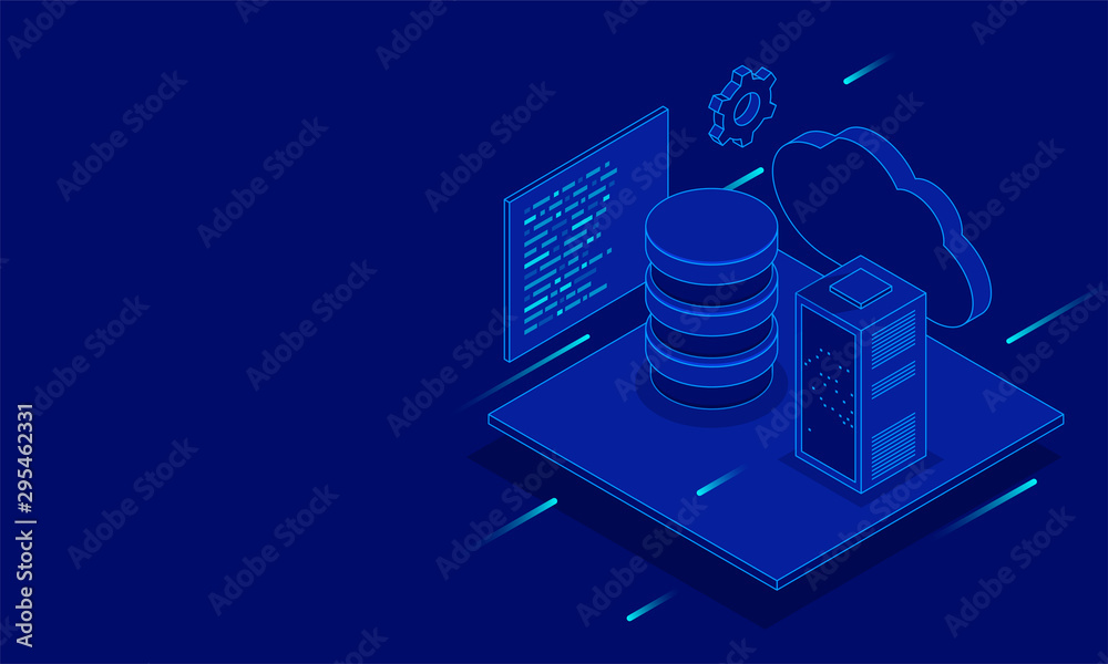3D illustration of cloud server connected to database on blue ...