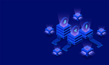 Glowing Crypto Servers With Virtual Currencies On Blue Background For Crypto Exchange Or Mining Concept Based Isometric Design.