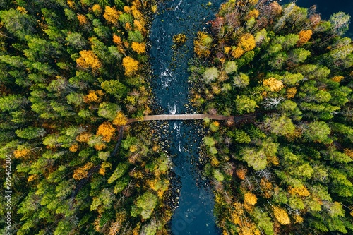 Obraz w ramie Aerial view of fast river flow through the rocks and colorful forest. Autumn in Finland